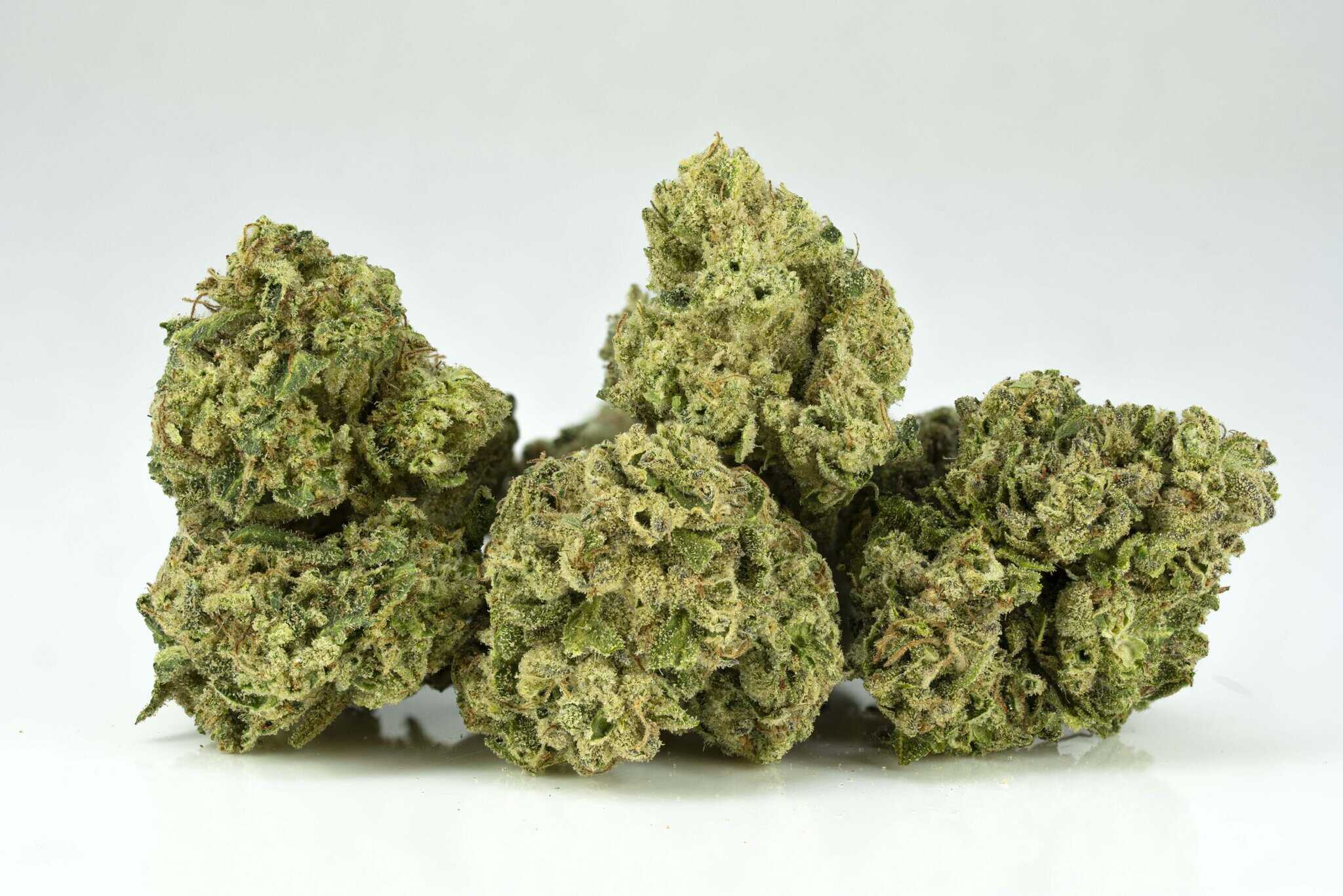 Close-up of cannabis buds on white background.