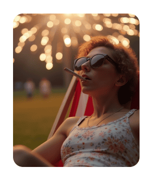 Woman relaxing in a lawn chair, smoking a joint, with fireworks in the background during a 4th of July celebration.