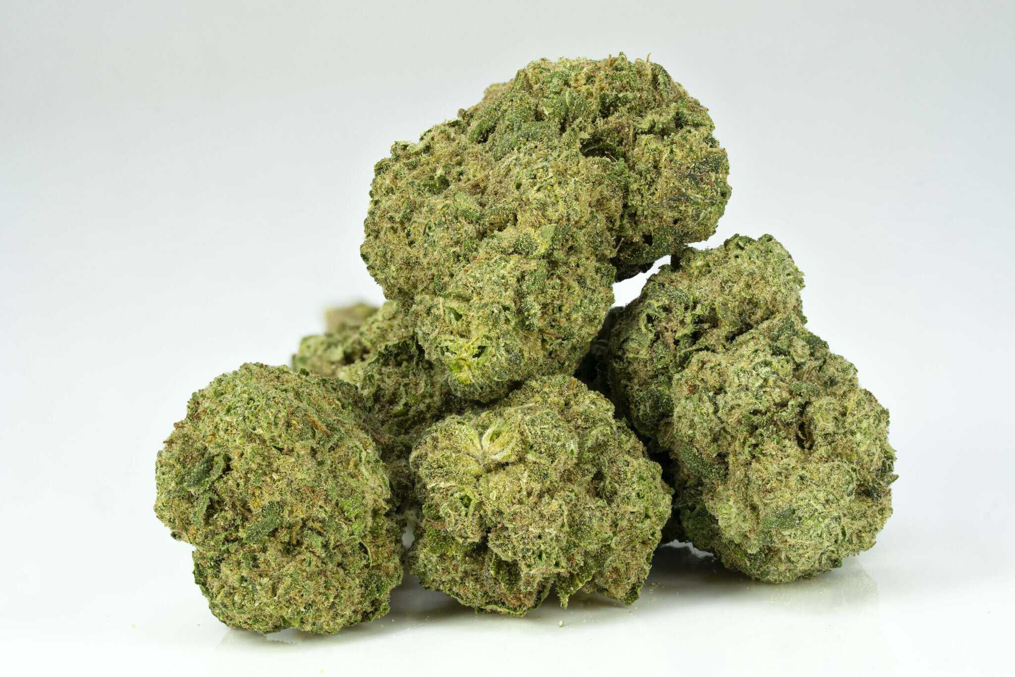 Close-up image of green cannabis buds on white