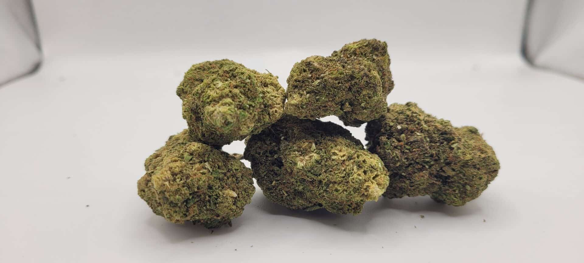 Close-up of cannabis buds on white background.