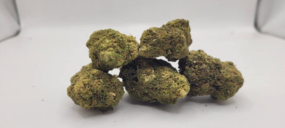 Close-up of cannabis buds on white background.