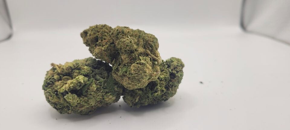 Close-up of cannabis buds on white background.