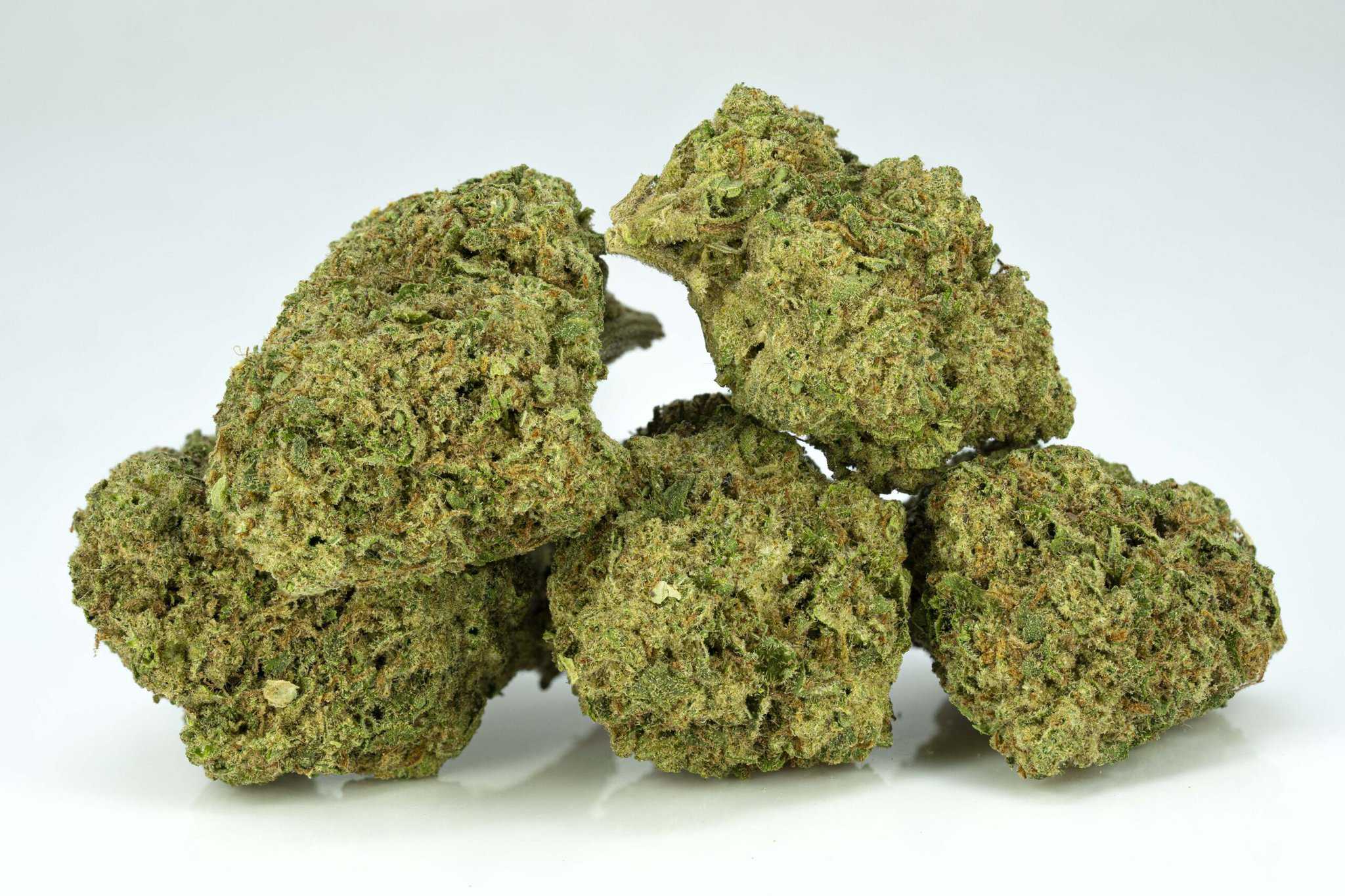 Close-up of dried cannabis buds against white background
