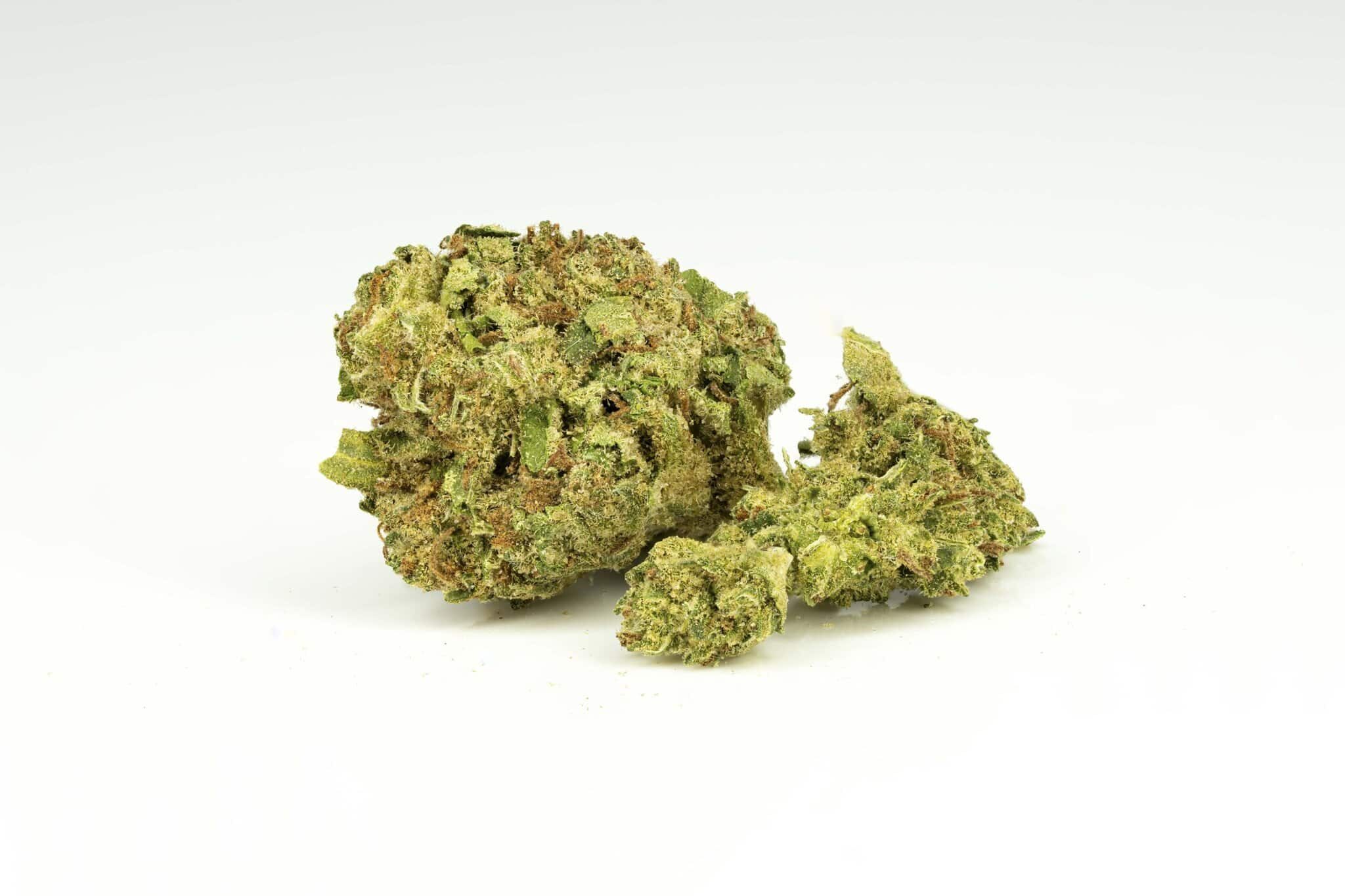 Close-up of cannabis buds on white background.