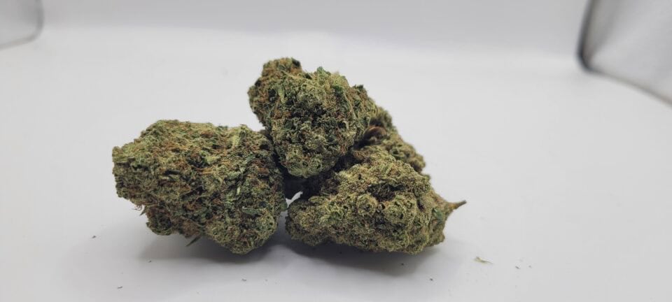 Close-up of cannabis buds on white background.