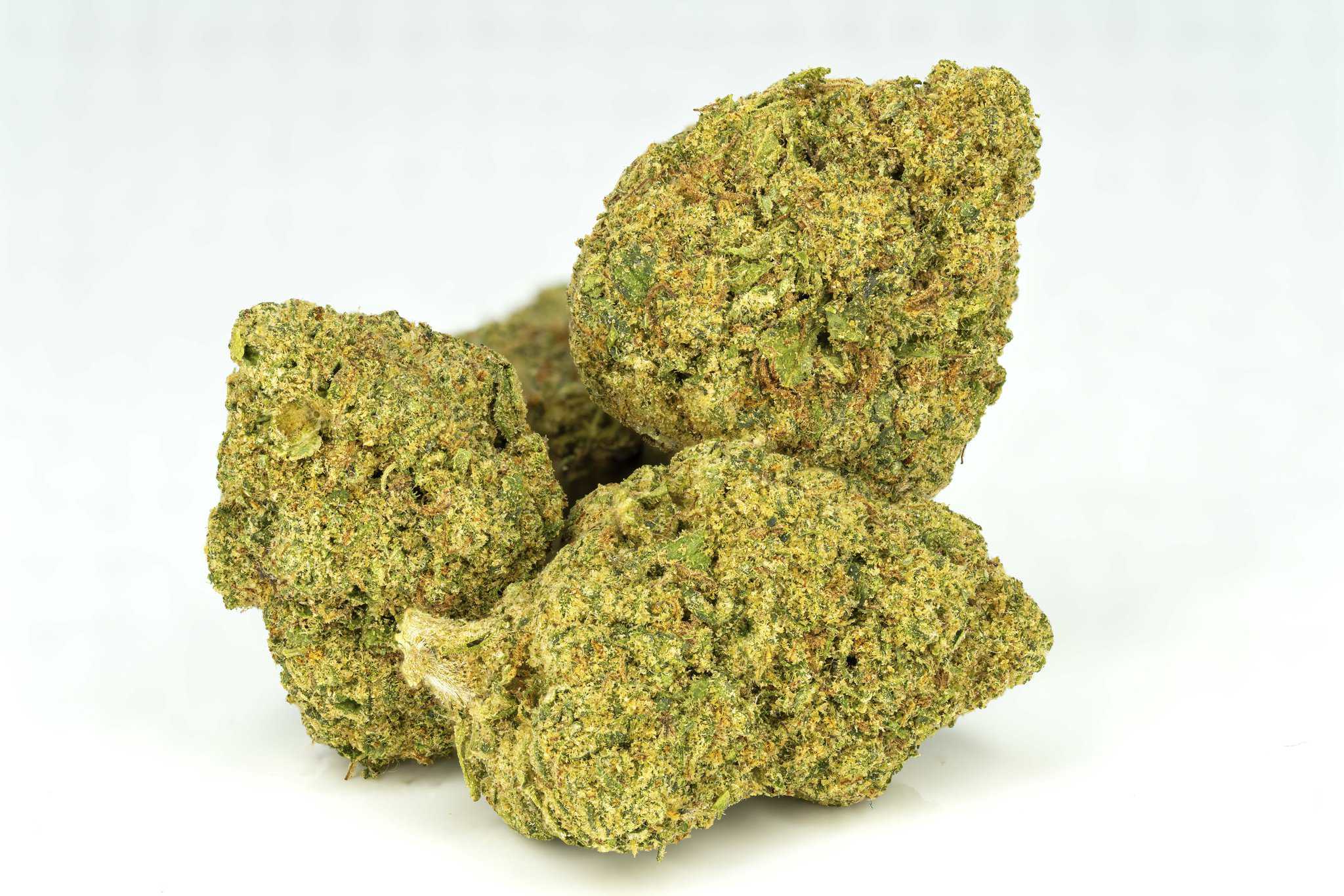 A pile of green marijuana on a white background.