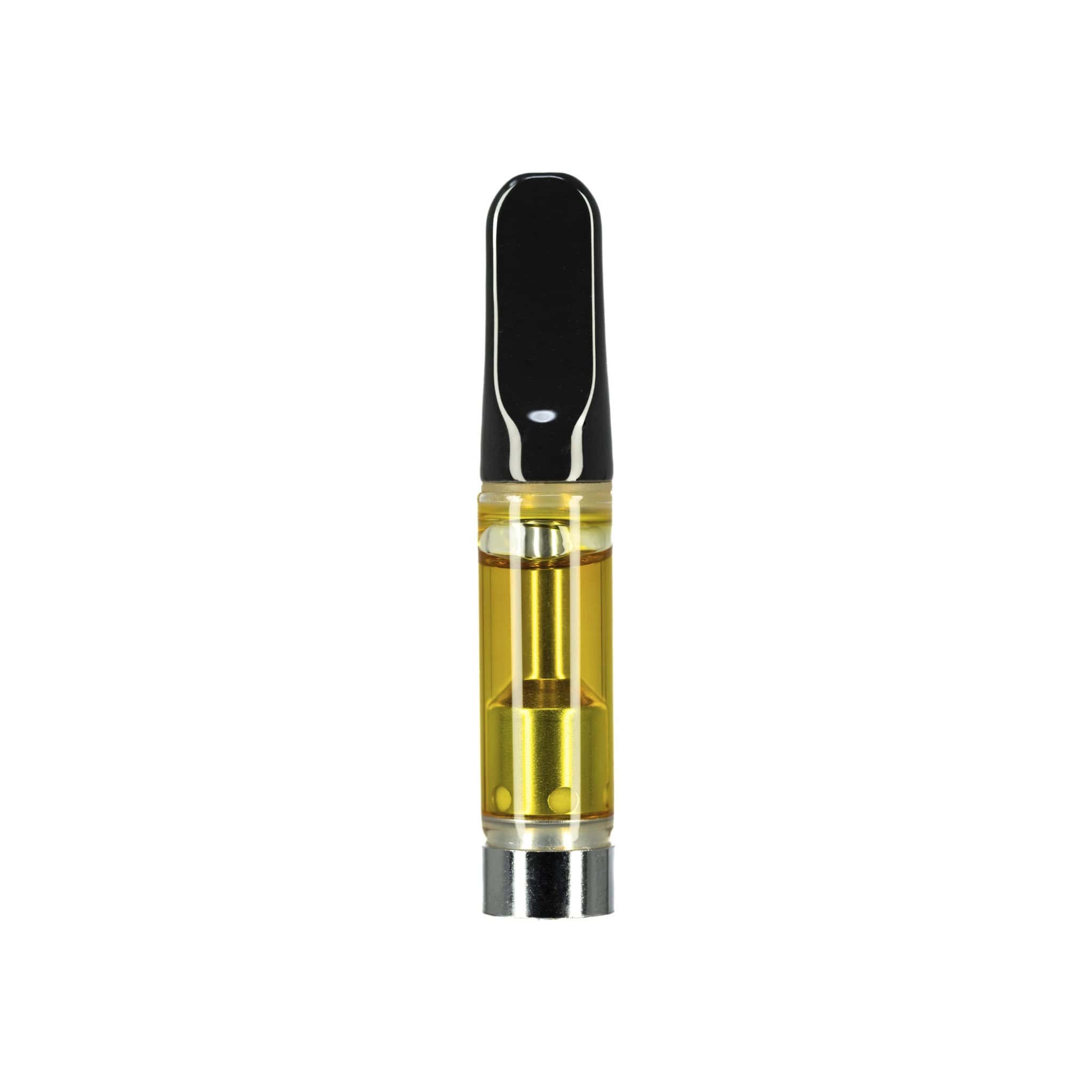 Cannabis vape cartridge with yellow oil.