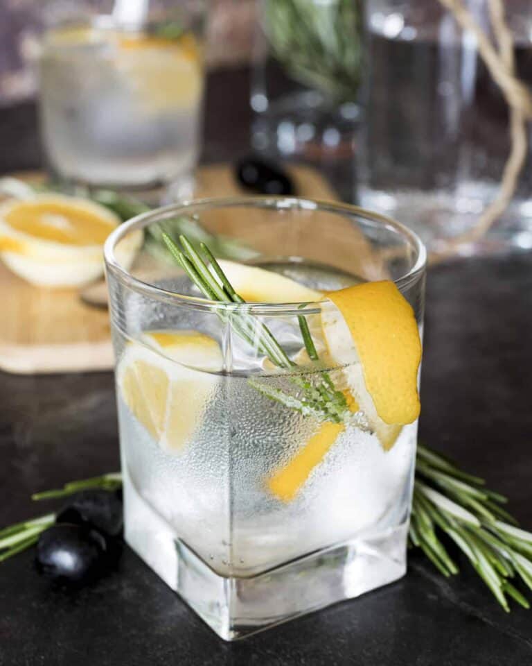 Refreshing cocktail with lemon and rosemary garnish.