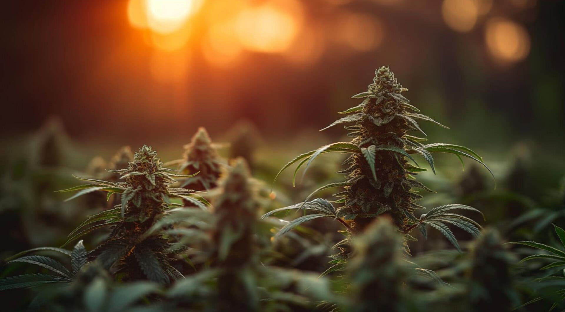 Close-up of THCa-rich cannabis plants growing naturally outdoors at sunset, symbolizing nature’s treatment and holistic wellness
