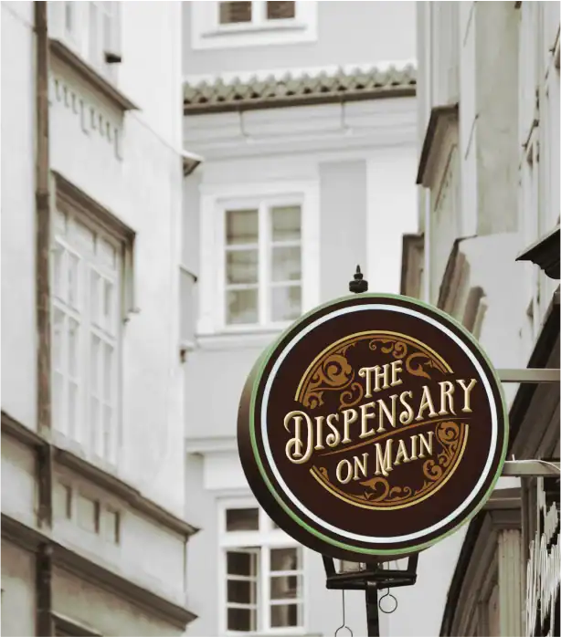 Street view of The Dispensary on Main storefront sign in downtown Galesburg, Illinois