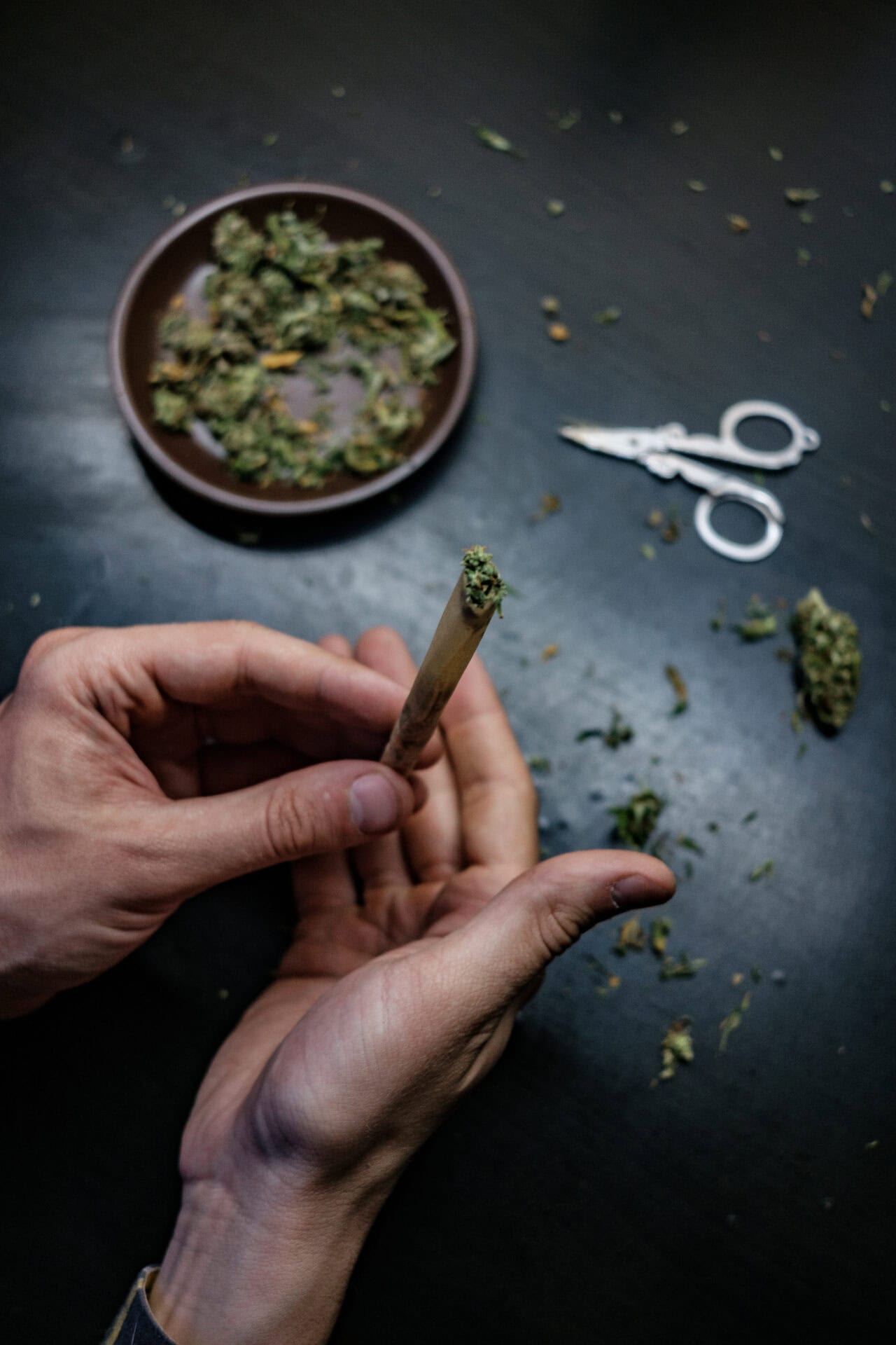 Person rolling a cannabis joint with hands.