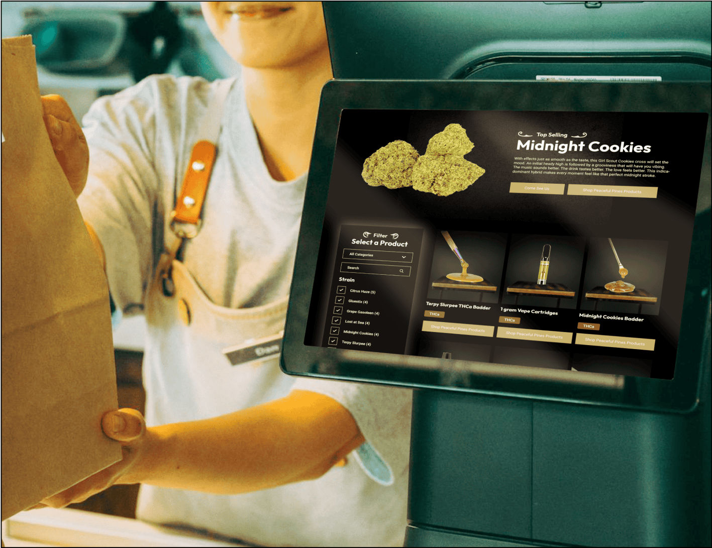 Person using cannabis dispensary kiosk